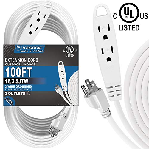 Product Cover 100-Feet 3 Outlet Extension Cord, Kasonic UL Listed, 16/3 SJTW 3-Wire Grounded, 10 Amp 125 V 1625 Watts, Multi-Outlet Indoor/Outdoor Use