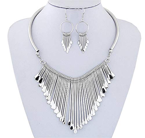Product Cover Juland Statement Bib Necklace with Metal Fringe Drop Choker Necklace Earrings Set Fashion Bohemian Punk Ethnic Style for Women and Girls - Silver