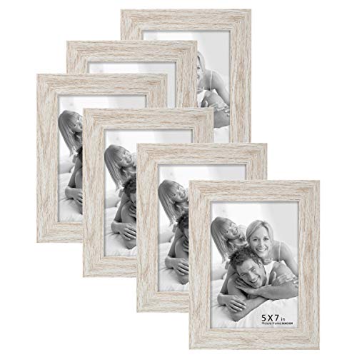 Product Cover BOICHEN 5x7 Picture Frame, Wood Pattern High Definition Glass Tabletop for Wall, White Woodgrain Photo Frames (6 Pack)