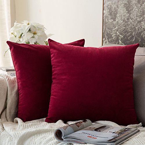 Product Cover MIULEE Pack of 2 Velvet Pillow Covers Decorative Square Pillowcase Soft Soild Wine Red Cushion Case for Sofa Bedroom Car 22 x 22 Inch 55 x 55 cm