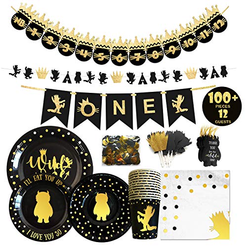 Product Cover Wild One Birthday Decorations I 100+ Pieces Wildone Party Supplies I Party Plates I Napkins I Disposable Cups I Garlands I High Chair and Monthly Photo Banner I Cake Toppers I Confetti Tags I Bowls