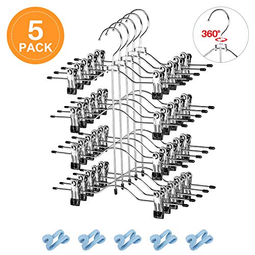 Product Cover Multi Layer Pants Hangers, Pants Clips, Skirt Hangers with Adjustable Clips 4 Tier Space Saving Metal Trouser Hangers Heavy Duty Ultra Thin with 360 Degree Chrome Swivel Hook (5 Pack)