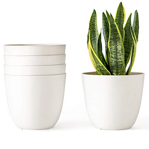 Product Cover Mkono 6.5 Inch Plastic Planters Indoor Set of 5 Flower Plant Pots Modern Decorative Garden Pot with Drainage for All House Plants, Flowers, Herbs, Foliage Plant, and Seed Nursery, Cream White