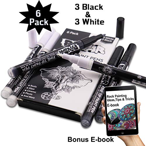 Product Cover PINTAR - 3 Black And 3 White Acrylic Fine Tip Paint Pens For Rock Painting Art - (6 Pack) Vibrant Colors for Wood, Glass, Metal and Ceramic - Water Resistant and Quick Drying Ink For Arts & Crafts