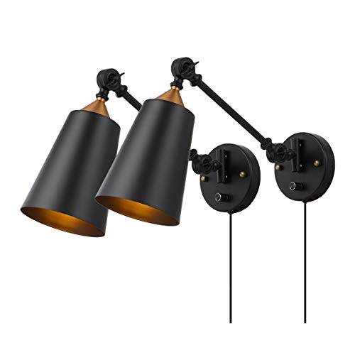 Product Cover Pauwer Industrial Plug in Wall Sconces Set of 2 with On Off Switch Vintage Edison Swing Arm Wall Lamp Black Metal Shade Wall Light Fixtures