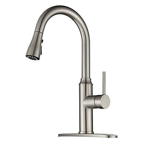 Product Cover Kitchen Faucet Pull Down-Arofa A01LY Commercial Modern Single Hole Single Handle high arc Stainless Steel Brushed Nickel Kitchen Sink faucets with Pull Out Sprayer
