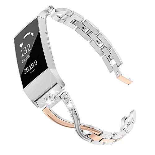 Product Cover Wearlizer Compatible with Fitbit Charge 3 Bands and Charge 3 SE for Women Metal Replacement Charge 3 hr Band Strap with Bling Rhinestone Bracelet Bangle (Rose Gold+Silver(Upgrade))