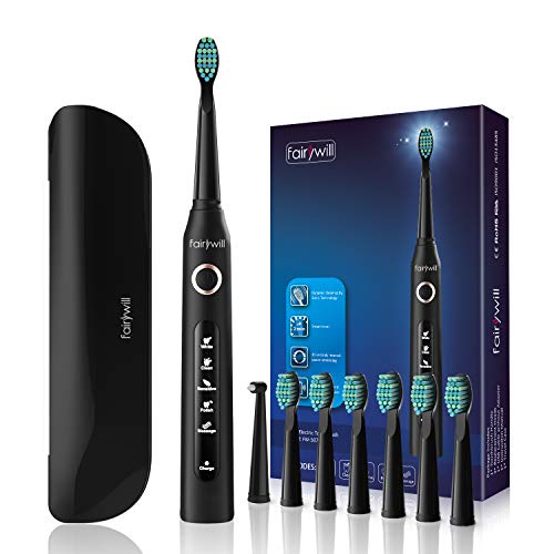 Product Cover Fairywill Electric Toothbrush with 5 Modes, Smart Timer, 8 Brush Heads, Fully Rechargeable with One 4 Hour Charge Last 30 Days, Whitening Sonic Toothbrush with A Travel Case for Adults in Black