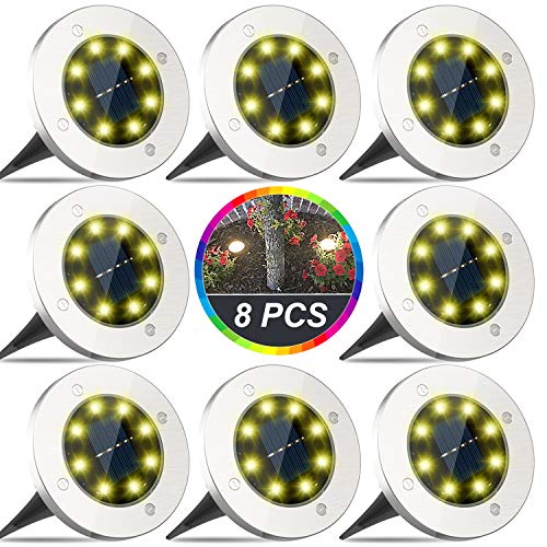 Product Cover Solar Ground Lights, 8 LED Disk Lights Solar Powered, Outdoor In-Ground Lights, IP65 Waterproof for Landscape, Walkway, Lawn, Steps Decks, Pathway, Yard Driveway, Stairs, Warm White Lights(8 Pack)
