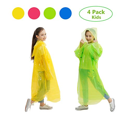 Product Cover Emergency Rain Poncho for Kids, Disposable Drawstring Hood Poncho for Boys/Girls, 4 Colors - Red, Blue, Green, Yellow