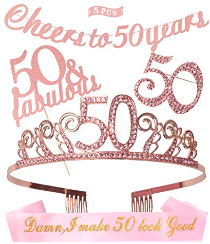 Product Cover 50th Birthday Decorations Party Supplies, Pink 50th Birthday Tiara, 50th Pink Satin Sash Damn I Make 50 Look Good, Pink Glittery Cheers to 50 Years Banner, 50 Pink Rhinestone Brooch (Pink)