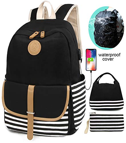 Product Cover SCIONE School Backpacks for Women Teen Girls with USB Charging Port and Backpack Rain Cover Lightweight Canvas Stripe Backpack Cute Teen Bookpacks Set Bookbags+Insulated Lunch Bag+Pouch 3 in 1