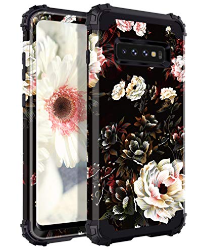 Product Cover LONTECT for Galaxy S10 Case Floral 3 in 1 Heavy Duty Hybrid Sturdy Armor High Impact Shockproof Protective Cover Case for Samsung Galaxy S10, Flower/Black