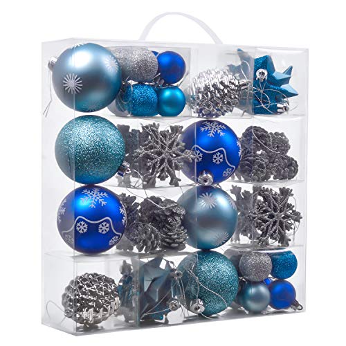 Product Cover Valery Madelyn 70ct Winter Wishes Shatterproof Christmas Ball Ornaments Decoration Silver and Blue,1.57Inch-3.15Inch for Christmas Tree Decorations