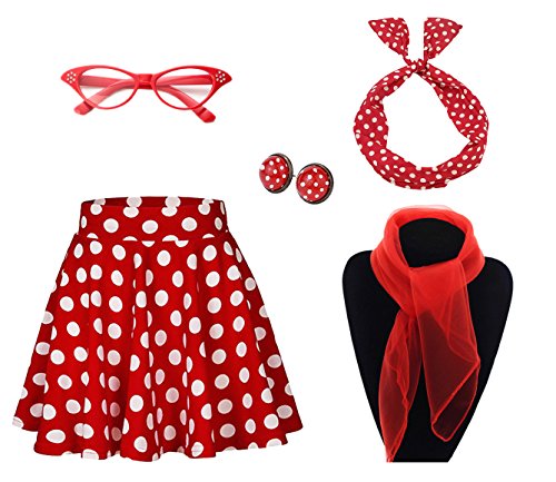 Product Cover 50's Costume Accessories Set Girl Vintage Dot Skirt Scarf Headband Earrings Cat Eye Glasses for Party