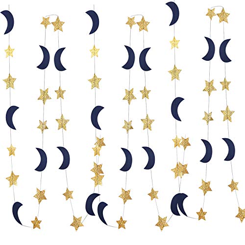Product Cover Moon and Star Garland Decorations Navy Gold Glitter Outer Space Birthday Party Decorations Hanging Decorations Honey Moon Wedding Engagement Twinkle Twinkle Little Star Baby Shower Birthday Decoration