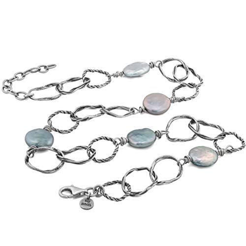 Product Cover PZ Paz Creations .925 Sterling Silver Textured Link Gray Coin Pearl Chain Necklace W/Extender