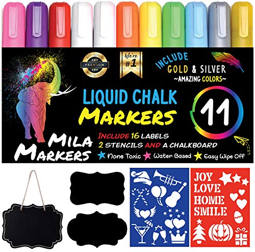 Product Cover Chalk Markers by MilaMarkers, Pack of 11 + A Chalkboard + Christmas Drawing Stencils + 16 Labels, Premium Liquid Chalkboard Neon Pens, Including Gold, Silver and Extra White Ink,6mm Tips
