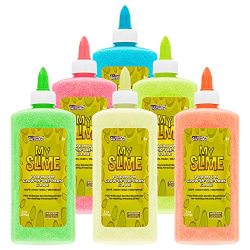 Product Cover My Slime 6 Color Premium Glow-In-The-Dark Glue Pack (8 Ounce Bottles) - Kid Safe, Non-Toxic, Washable - Superior Formula School Glue for Making Amazing Shimmering Glowing Neon Slime - Fun Creative Art