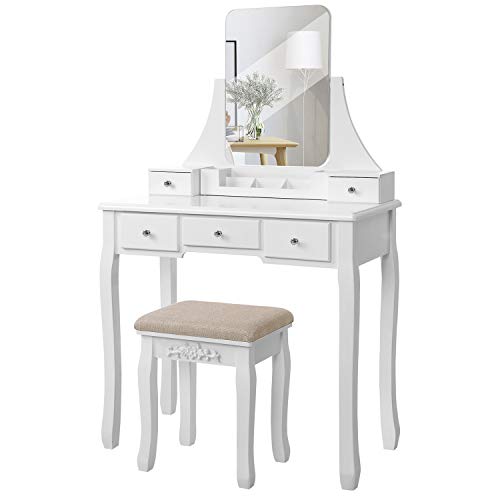 Product Cover VASAGLE Vanity Table Set with Large Frameless Mirror, Makeup Dressing Table Set for Bedroom, Bathroom, 5 Drawers and 1 Removable Storage Box, Cushioned Stool,White URDT25W
