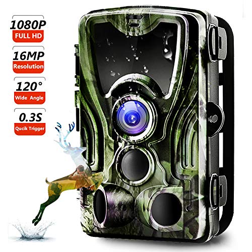 Product Cover Trail Camera, Binrrio Game Hunting Camera with Night Vision Motion Activated 16MP 1080P Waterproof Outdoor Wildlife Camera 120° Detection, 0.3s Trigger 2.4