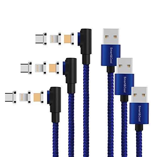 Product Cover Smart&Cool Gen-X 3 in 1 Magnetic Charging Cable, Support Max 3.0A Charging Current & Data Sync, Compatible with i-Product, USB-C and Micro-USB Devices(L-Shaped, 5ft Blue-3pack)