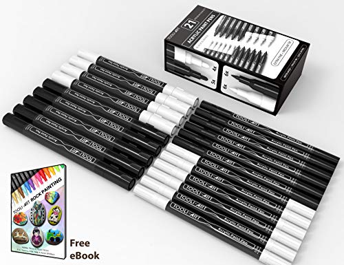 Product Cover TOOLI-ART 21 Black And White Acrylic Paint Pens Markers Set 0.7mm Extra Fine And 3.0mm Medium Tip For Rocks,Canvas,Most Surfaces. Non Toxic, Quick Dry