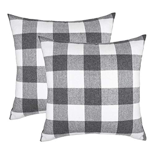 Product Cover 4TH Emotion Set of 2 Farmhouse Buffalo Check Plaid Throw Pillow Covers Cushion Case Cotton Polyester for Sofa Grey and White, 18 x 18 Inches
