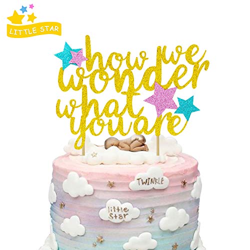 Product Cover How We Wonder What You are Cake Topper for Kids Birthday Party Baby Shower Gender Reveal Gold Glitter Decorations