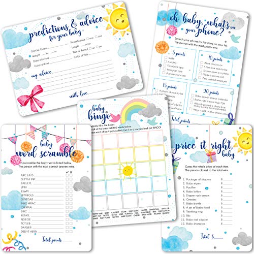 Product Cover Baby Shower Games | 5 Games 50 Sheets Each 5x7 inches | Fun and Easy to Play Activities | Baby Predictions and Wishes/Advice, Bingo, What's on Your Phone, Word Scramble and Price It Right