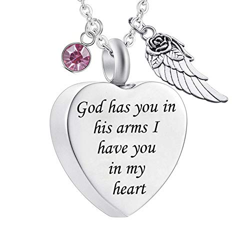 Product Cover God has You in his arms with Angel Wing Charm Cremation Ashes Jewelry Keepsake Memorial Urn Necklace with Birthstone Crystal (October)