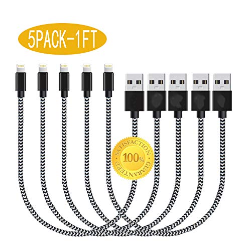 Product Cover Ansuda Short Charger Cable, 5 Pack 1FT Charging Cable, USB Nylon Braided Cord Compatible with Phone Xs Max/XR/XS/X/8/7/Plus/6s/6/5 Plus/5/5S/SE, Black