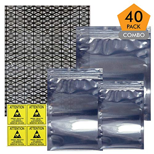 Product Cover Open Top & Resealable Antistatic Bags ESD Shielding Bag with Anti-Static Labels for Hard Drive SSD HDD Motherboard Video Card RAM Electronic Devices (Pack of 40) (Assorted Sizes)