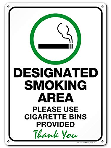 Product Cover Designated Smoking Area Sign, Please Use Cigarette Bins Provided, Outdoor Rust-Free Metal, 10