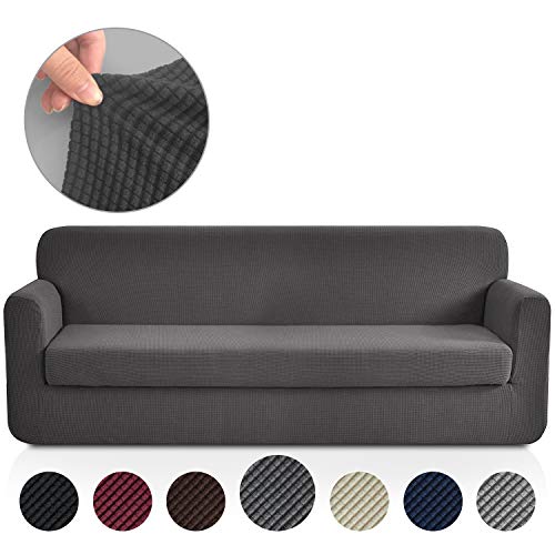 Product Cover RHF Jacquard Stretch 2-Piece Sofa Cover, 2-Piece Slipcover for Leather Couch-Polyester Spandex Sofa Slipcover&Couch cover for dogs, 2-Piece sofa protector(Extra-wide sofa: Dark Grey)