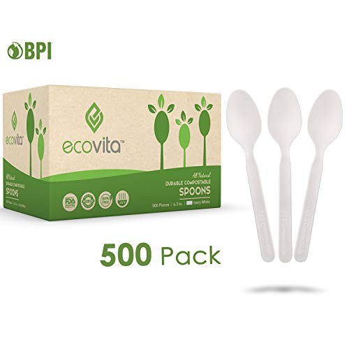 Product Cover 100% Compostable Spoons - 500 Large Disposable Utensils (6.5 in.) Bulk Size Eco Friendly Durable and Heat Resistant Alternative to Plastic Spoons with Convenient Tray by Ecovita