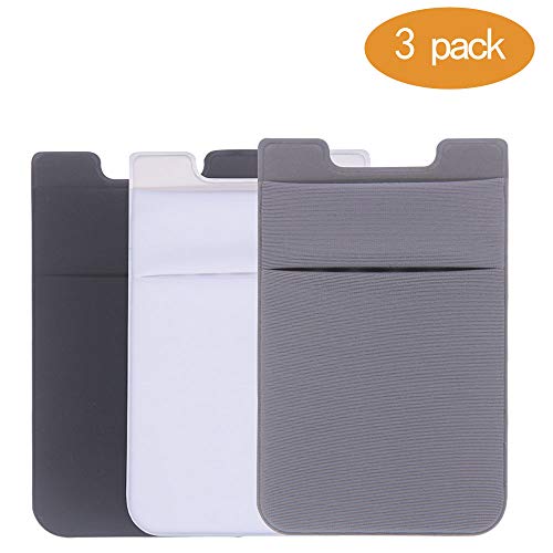 Product Cover Card Holder for Back of Phone, Stretchy Lycra Double Slots Stick On Wallet Pocket for iPhone, Android and All Smartphones (3 pcs) (Black/White/Gray)