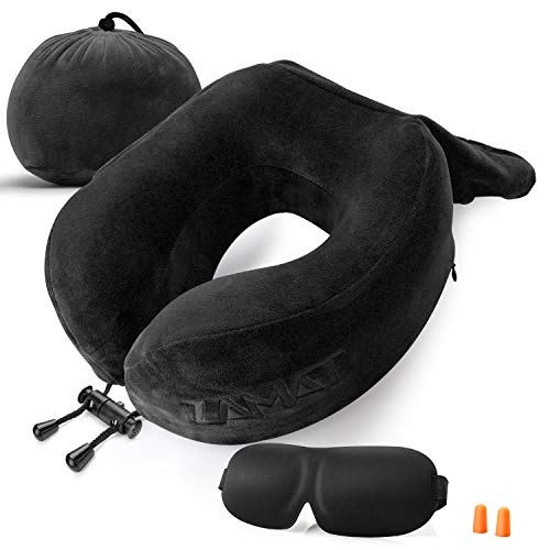Product Cover ZAMAT Breathable & Comfortable Memory Foam Travel Pillow, Adjustable Travel Neck Pillow for Airplane Travel, 360° Stable Neck Support Airplane Pillow with Soft Velour Cover, Portable Bag (Dark Black)