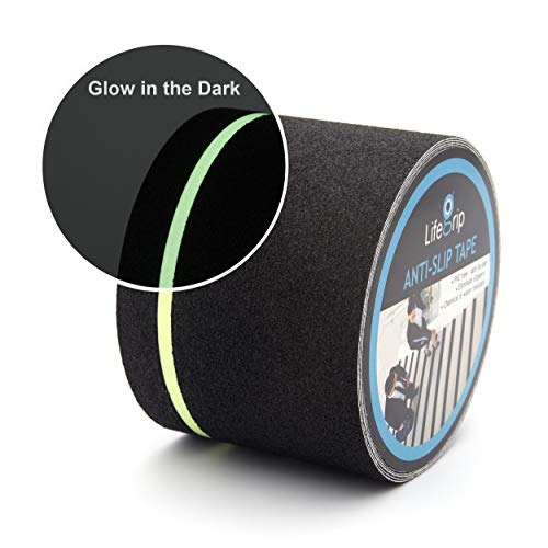 Product Cover Anti Slip Traction Tape with Glow in Dark Green Stripe, 4 Inch x 30 Foot - Best Grip, Friction, Abrasive Adhesive for Stairs, Tread Step, Indoor, Outdoor, Black (4 inch X 30 feet Tape)