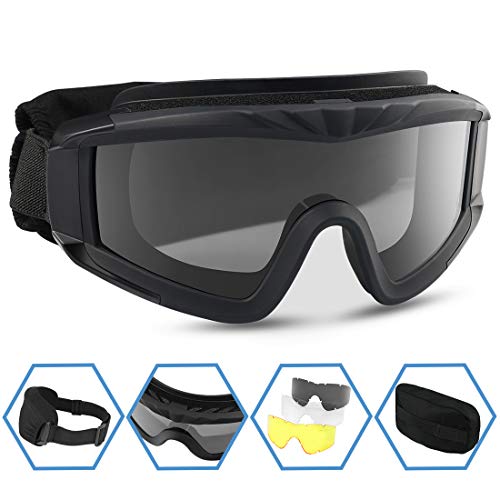 Product Cover XAegis Airsoft Goggles, Tactical Safety Goggles Anti Fog Military Eyewear with 3 Interchangable Lens for Paintball Riding Shooting Hunting Cycling - Black