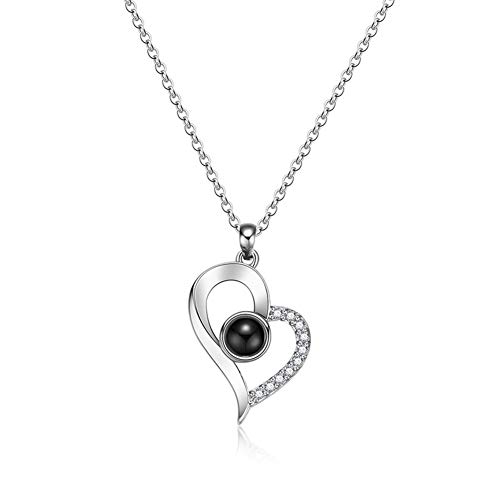 Product Cover Jetloter I Love You Heart Shaped Necklace, 100 Languages Projection on Round Onyx Pendant Collarbone Necklace Silver