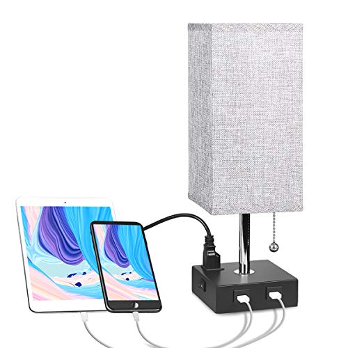 Product Cover USB Bedside Table Lamp with Outlet, Aooshine Modern Solid Wood Nightstand Lamp with 2 Useful USB Ports & One Outlet, Grey Fabric Shade Ambient Light Desk Lamp for Bedroom, Guest Room or Office