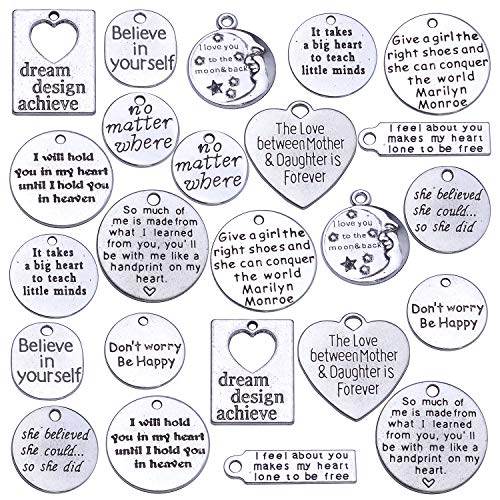 Product Cover Jdesun 24 Pieces Inspiration Words Charms, 12 Styles Inspirational Message Charm Pendants for Crafting Necklace Bracelet