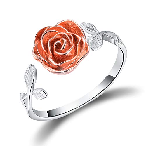 Product Cover Esberry ✦Gifts for Christmas 18K Gold Plated S925 Sterling Silver Rings Rose Open Ring 3D Rose Shape Adjustable Ring Jewelry for Women and Girls