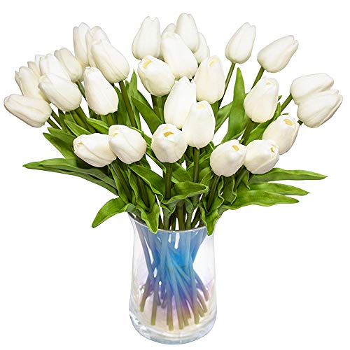 Product Cover JOEJISN 30pcs Artificial Tulips Flowers Real Touch Tulips Fake Holland PU Tulip Bouquet Latex Flower White Tulip for Wedding Party Office Home Kitchen Decoration (Pure White)