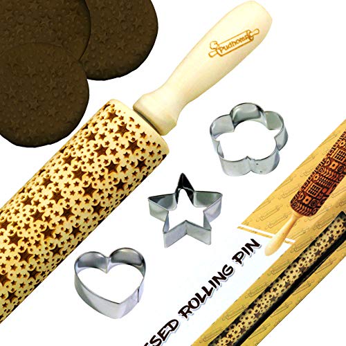 Product Cover Samyo Engraved Wood Rolling Pin for Cookies, Pies, and Pastries with Embossing Design - Dog Bone Footprints Pattern
