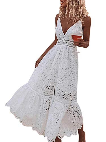 Product Cover BerryGo Women's Embroidery Button Down Cotton Dress V Neck Spaghetti Strap Maxi Dress White-M