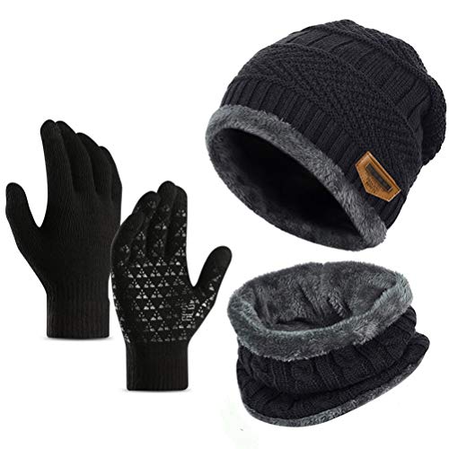 Product Cover 3pcs Winter Beanie Hat Scarf Touching Screen Gloves Set,Warm Knit Hat Thick Knit Skull Cap for Men Women