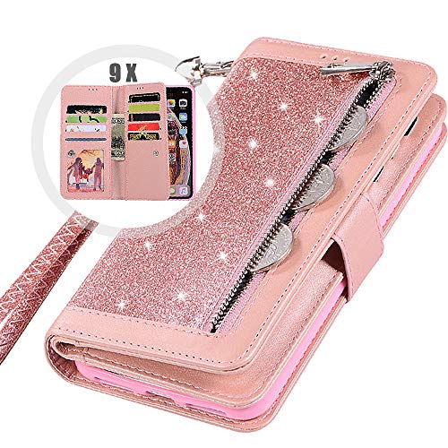 Product Cover iphone 8 Plus Zipper Wallet Case with Strap,Auker 9 Card Holder Bling Glitter Leather Flip Magnet Wallet Case with Money Pocket Full Body Sparkly Protective Purse Case for Women iphone 7 Plus (RoGold)