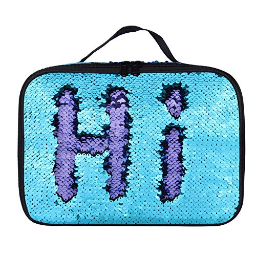 Product Cover Sequin Lunch Box, Reversible Sequin Flip Color Change, Insulated, Quick and Simple Organization, Perfect for Working Women or Kids (Blue-Purple)